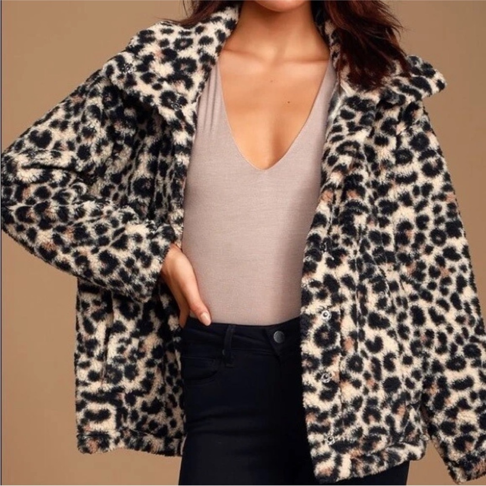 BILLABONG Cozy Days Sherpa Fleece Jacket Leopard Print Snap Closure Size Small